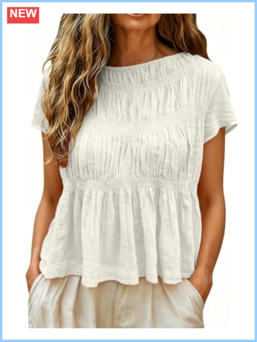 Womens Cropped Babydoll Peplum Linen Blouse Smocked Tie-Back Top